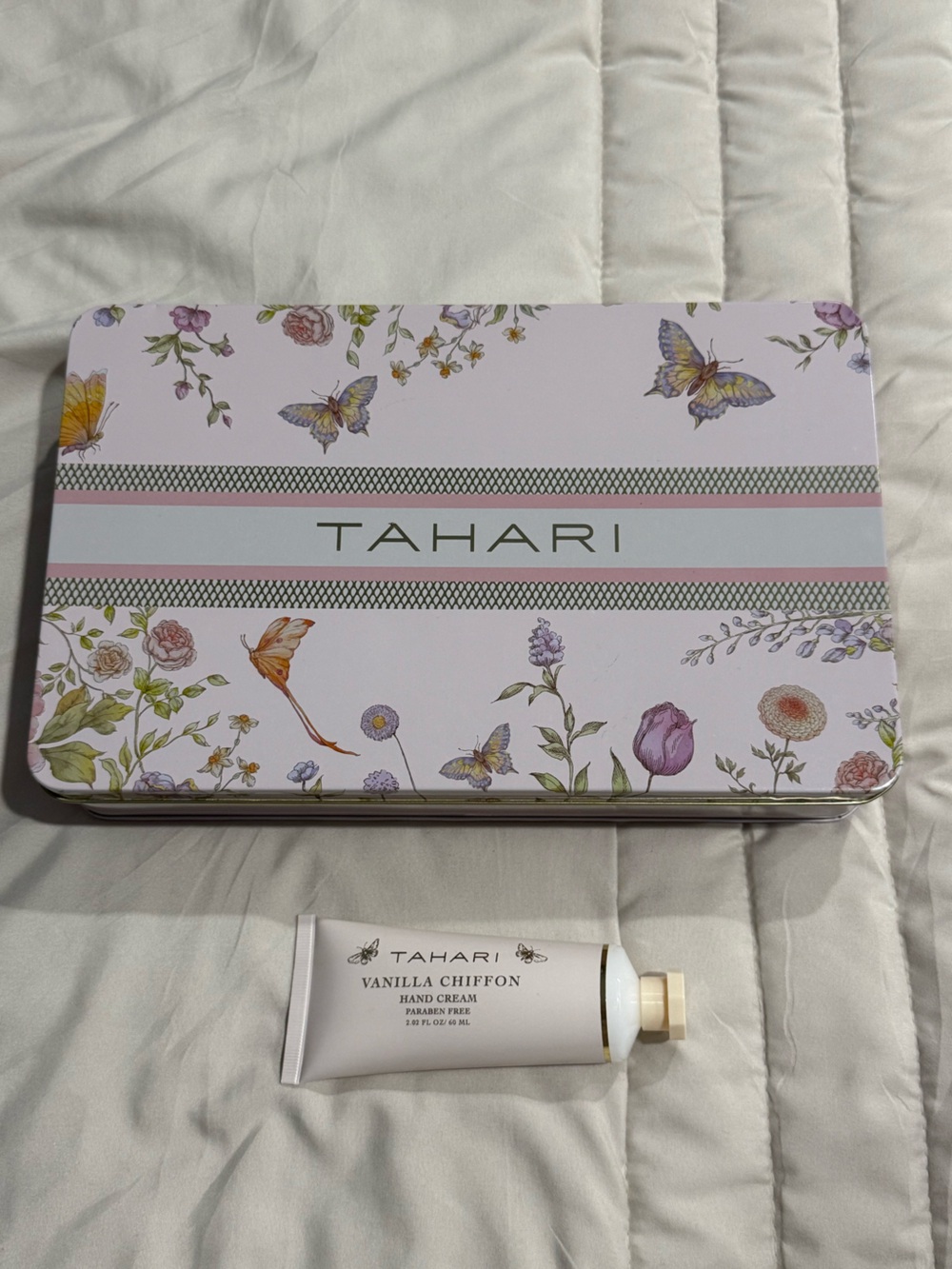 Tahari Pastel Pink Floral Bath & Body Tin with Butterflies